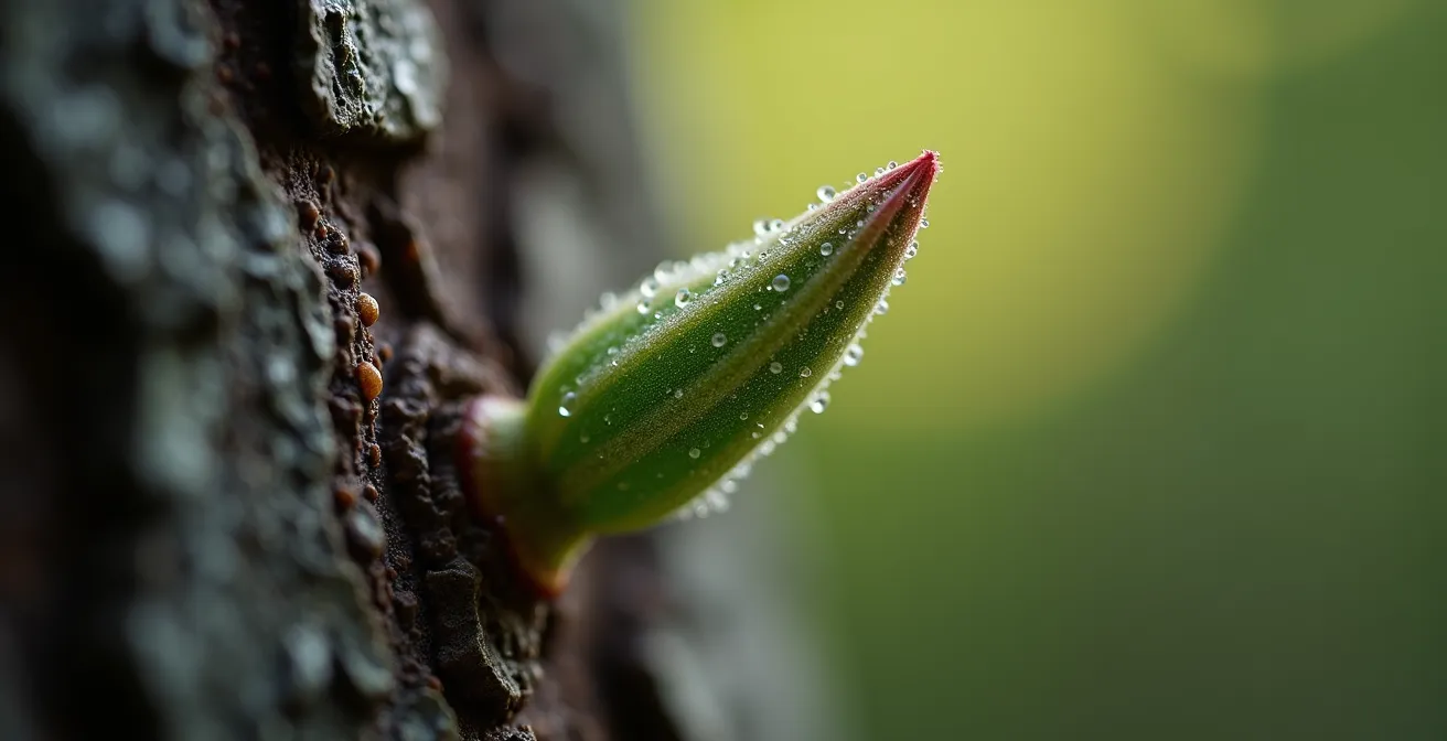 Vue macro détaillée de la texture d'un bourgeon sur une écorce