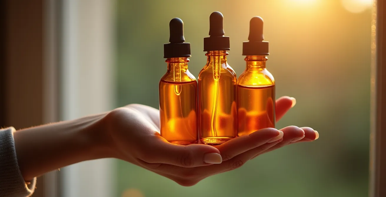 Main tenant délicatement trois flacons de macérats de bourgeons aux teintes ambrées
